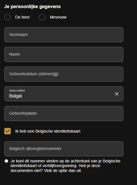 Snel formulier om een spelersaccount aan te maken
